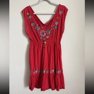 Johnny Was JW Los Angeles Red Embroidered Floral Cotton Mini Dress Size L